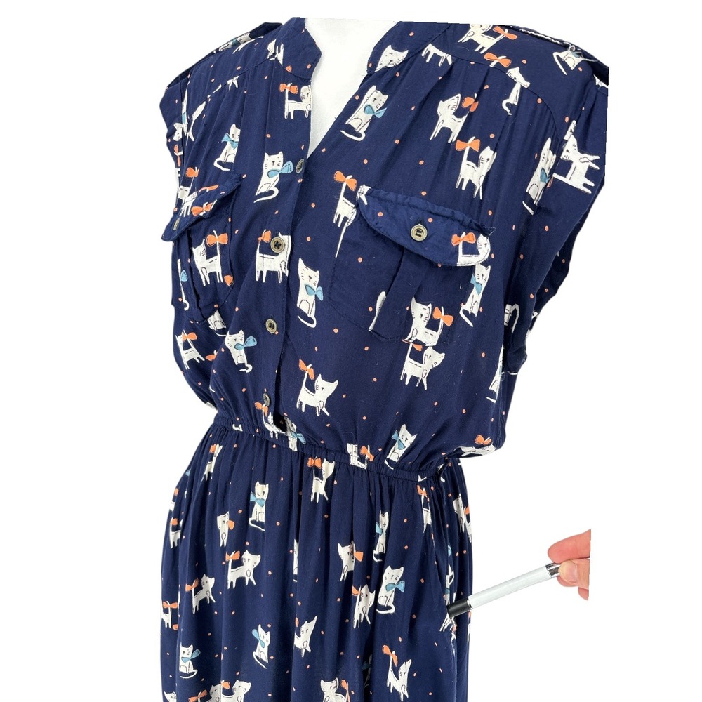 Angie Navy Blue Cat Print Dress Large Sleeveless Button Front Indie Cottage Twee - Picture 5 of 7